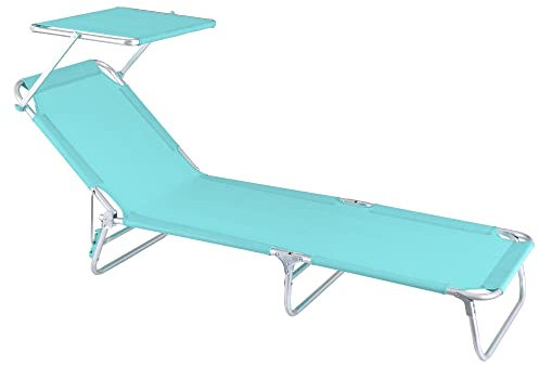LOLAhome Tumbona Playa con Parasol, reclinable de 3 Posiciones Convertible en Cama Verde Aguamarina de Aluminio y textileno de 190x58x25 cm