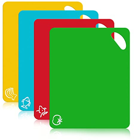 Kitchen Plastic Cutting Board Set - Extra Thick Flexible Cutting Mat for Cooking, Non-Slip Chopping Board with Colored Food Icons & Easy-Grip Handles, Dishwasher Safe, Set of 4