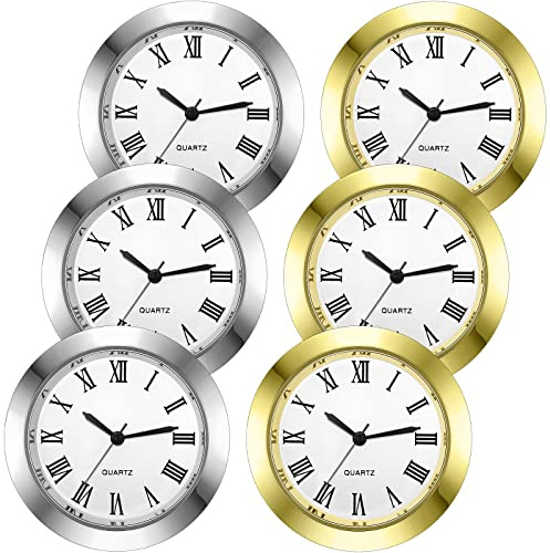 Outus 6 Pack Mini Clock Insert 1.5 Inch (37 mm) Replacement Round Quartz Movement Clock Faces for Crafts White Dial Gold Silver Tone Bezel with Roman Numerals Fit 1.4 Inch Diameter Hole