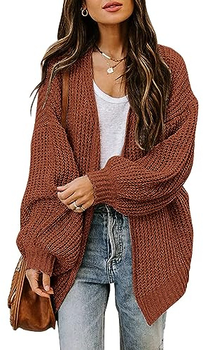 Jhsnjnr Women's Cardigans Long Lantern Sleeve Sweater with Pocket Open Front Chunky Knit Outwear