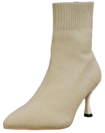 Botines Mujer Cuero Altos Calcetines transpirables de punto casual simples de color sólido para mujer Tacones altos Botas de punta media con tacón fino Botines Bajo Ginocc, Color blanco., 38 EU