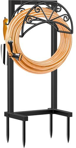 TomCare Garden Hose Holder Heavy Duty Water Hose Holder Holds 160 FT Hoses 4 Spikes Hose Reel with 2 Tool Hooks Freestanding Hose Hanger Sturdy Hose Storage Stand for Outside Yard Lawn, Black