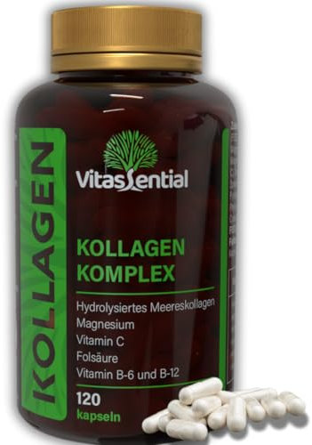 Marine Kollagen-Komplex - Kollagenhydrolysat Peptide mit Vitamin C,B6,B9,B12 - Fisch Collagen Präparate für Knieschmerzen, Gelenkschmerzen, Arthrose, Bindegewebe, Haarwachstum, Beauty - 120 Kapseln