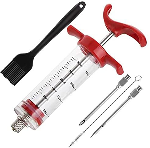 Meat Injector Syringe,Stainless Steel Food Seasoning Syringe Kit with 1pc Barbecue Brush, 2pcs Needles and 1pc Needles Cleaner, Great for BBQ, Grilling, Baking and Cooking