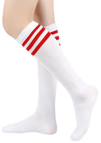 AWAVM Chaussettes Hautes Chaussettes à Genoux, Chaussettes à Mi-Mollet Bas pour Mollets 3 Bas Rayés à Tube Long Bas (FR/ES, Alpha/lettres, M, L, Taille normale, Taille normale, Rouge)