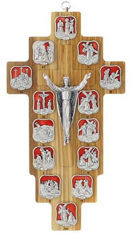Holyart Crocefisso in Legno d'ulivo Via Crucis 14 stazioni in Metallo resinato