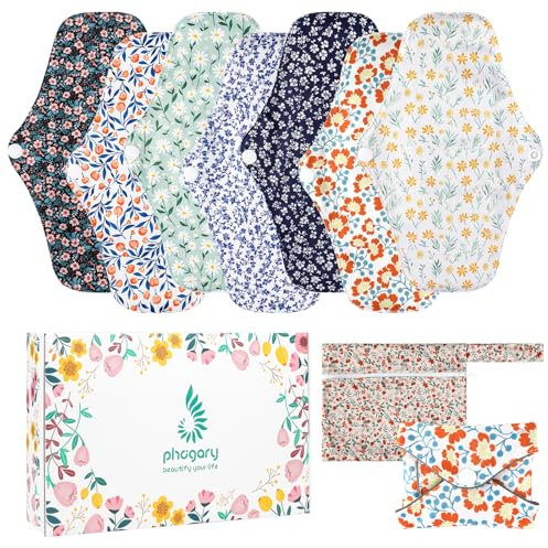 PHOGARY Washbare Slipenlagen, Menstruationspad Wiederverwendbare Slipeinlagen, Stoffbinden Waschbar Binden Nachtwaschbarer Stoff (7 in 1, 25,4 cm)
