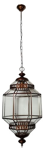 Lámpara Colgante Marroquí, Farol Granadino de Vidrio y Metal, Estilo Oriental, Color Bronce (Transparente, 63x29 cm)