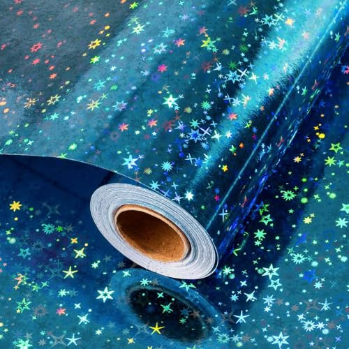 Wikadlik Papier d'emballage holographique bleu, Papier cadeau avec étoiles mignonnes pour la fête des pères, anniversaire, mariage, bridal shower, baby shower