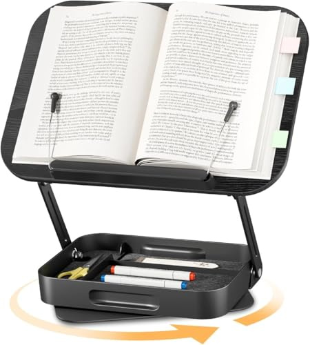 SupeDesk Buchständer Holz mit praktischem Stauraum, 360° drehbarer Buchhalter Leseständer, höhenverstellbarer Kochbuchhalter,kratzfreier Seitenclip mit Kugellager,tragbar,faltbar,für Büro,Schule,Küche