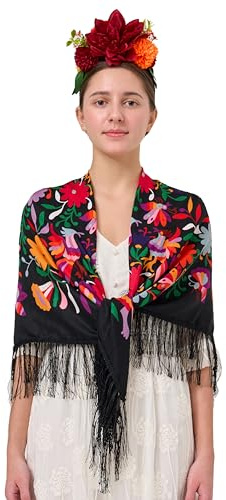 YHDDYG Mexican 2-Piece Boho Set: Red Floral Headband & Black Tassel Shawl Scarf for Women Girls - Wedding Festival Photo Prop N3 (Black, One Size)