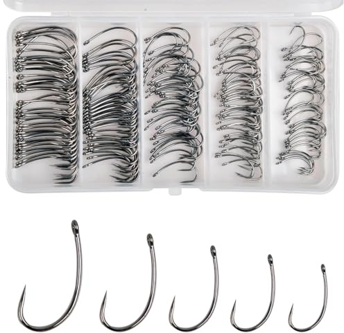 175pcs Barbless Fishing Hooks Kit, Carp Fishing Hooks Curve Shank Barbless Fly Tying Hooks Live Bait Circle Hooks Carp Hair Rig Trout Freshwater Saltwater