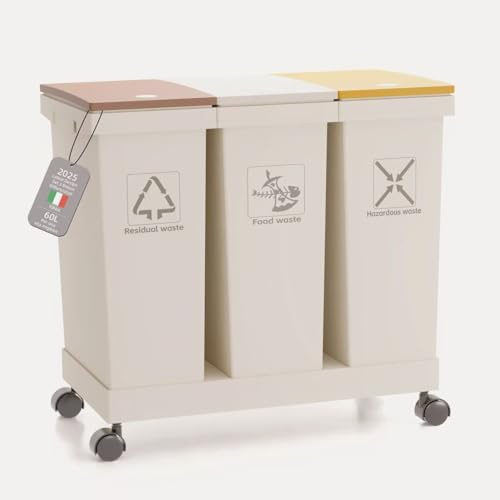 YOYIKKO Set 3 Bidoni Differenziati, Pattumiere, 3 contenitori con coperchio, 3 x 20 l, contenitori per il riciclaggio rimovibili con ruote, sistema di raccolta differenziata (60L-80)