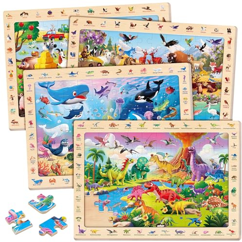 SYNARRY Wooden Dinosaur Farm Ocean Animal Puzzles for Kids Ages 4-6, 4 x 60 Piece Match & Find Puzzles for Kids Ages 3-5 Boys Girls, Preschool Educational Puzzle Toddlers Easter Gifts for 4-8 Year Old