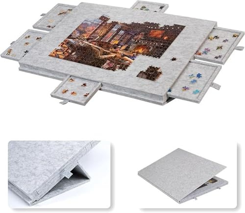 Tablero de Rompecabezas Portátil, Mesa de Rompecabezas Inclinable con Soporte Ajustable, Tablero de Rompecabezas de Fieltro Liviano con Cubierta y 6 Cajones de Clasificación (Gris Plata)