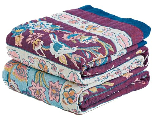 HOORDRY Boho Throw Blanket, Reversible Large Throws for Sofas | 200x230CM, 100% Cotton Soft Quilt, 4-Layer Muslin Blanket for Couch Queen Size Bedspread with Flower and Bird Pattern, Purple