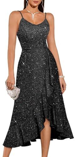 DRESSTELLS Women's Sequin Cocktail Dresses, Sparkly Formal Wedding Guest Bridesmaid Church Prom Party Evening Gown Long Dress for Teens Glitter Black L