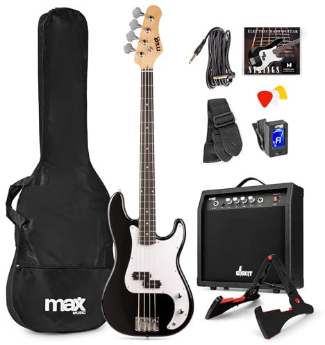 MAX GigKit Bassgitarre Set, E Bass Gitarre, Bass Guitar mit Gitarrenverstärker, Tasche, Stimmgerät, Plektren, Ständer, Gurt, Kabel und Ersatzsaiten - 21 Bünde - schwarz