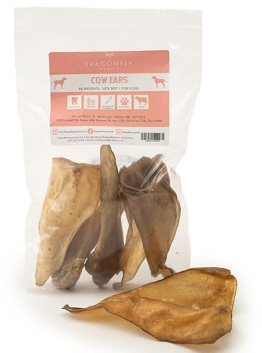 Dragonfly Products, Natural Cow Ears for Dogs, Long Lasting Low Fat Chew Treats, Grain Free and Gluten Free, Air Dried in the EU (25pcs)