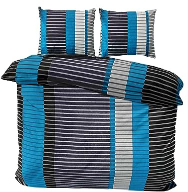 Class Home Collection Bettwäsche 200x200 Baumwolle – Ganzjahres Bettwäsche-Sets, weich & atmungsaktiv, Bettbezug und Kissenbezug 80x80 cm mit Reißverschluss Wind Blau