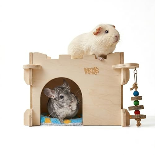 YKD Castle Chinchilla House, Small Animal Hideout for Chinchilla, Guinea Pig, Hedgehog, or Rat, Ventilated Wooden Guinea Pig Hut Habitat with Multiple Doors (Medium)