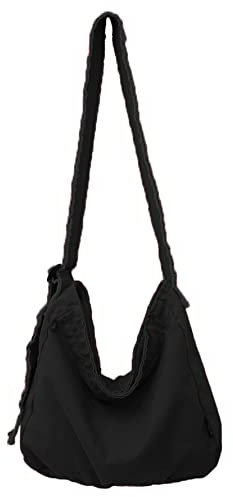 Retro Canvas Fransed Crossbody Bag Unisex Schultertasche Hobo-Tasche mit Reißverschluss Verstellbarer Riemen Distressed Washed Tote, A-Schwarz