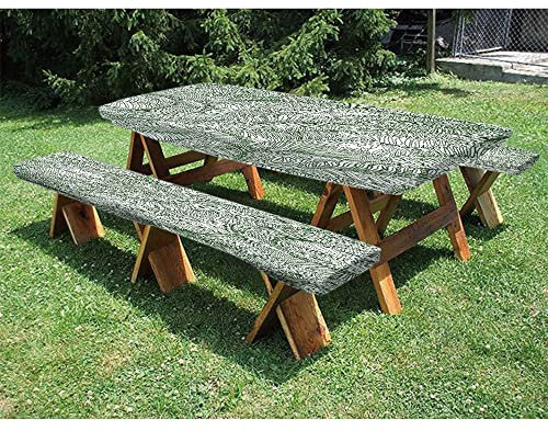 Mantel de mesa de picnic de hojas de palma con fundas de banco, funda de mesa ajustable de 3 piezas, fondo de plantas tropicales de la selva, para fiestas de picnic al aire libre, 28 x 72 pulgadas