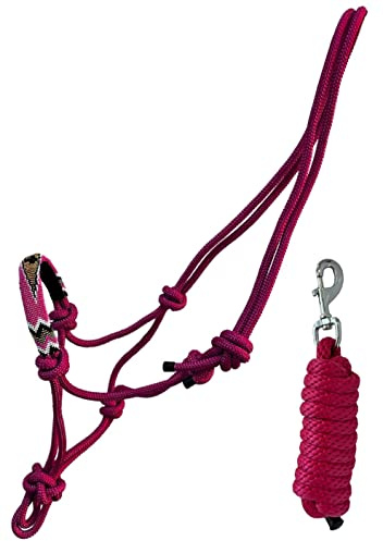 Equitem Nylon Pony Size Cowboy Knot Rope Halter with Beaded Cross Nose and Removable Lead (Pink)