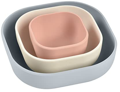 BÉABA, Juego de 3 Cuencos de Silicona, Set de Comida para Bebé, Vajilla Infantil de Silicona, Encajable, Evolutivo, Ergonómico, Material de Silicona Sano, Duradero (Gris terciopelo/Algodón/Rosa polvo)