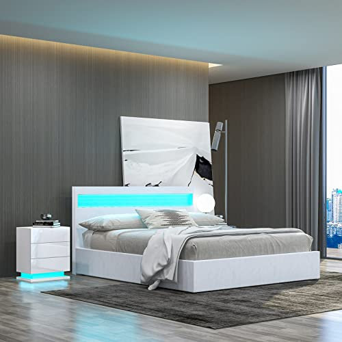Ottoman Lift Storage Bed Frame with LED Headboard, 4FT6 Double Size Bed Frame, Faux Leather Upholstered Bed Frame with Gas Lift Up Storage, for Bedroom Furniture, White
