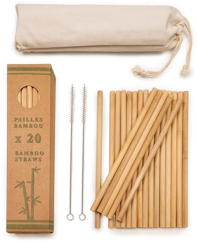 Lot de 20 Pailles réutilisables en Bambou naturel, Qualité premium, Longueur 20 cm, avec 2 Goupillons de nettoyage et un Sac de rangement