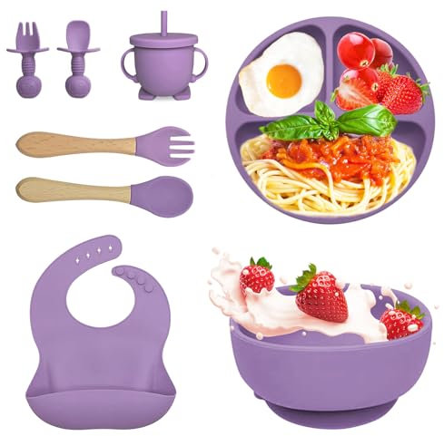 Bizcasa 8 Stück Silikon Baby Geschirrset, Rutschfest Kindergeschirr Set, Kindergeschirr mit Saugnapf, Rutschfest Baby Schüssel,Baby-Teller, Baby-Besteckset für Kleinkinder, BPA Frei (Lila)