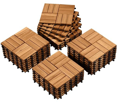 Yaheetech 1 pack Acacia Wood Interlocking Patio Deck Tiles, Waterproof Solid Flooring Tiles for Indoor Outdoor, 31 cm W × 31 cm L Garden Deck for Patio Garden Poolside All Weather Use, Total 27pcs