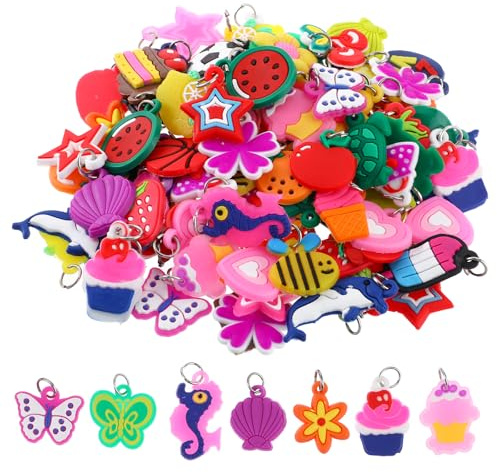 Nogeqi 100 Pcs Silicone Charms for Bracelet Making - Rubber Loom Band Charm, DIY Handmade Materials for Pendant (Multiple Styles)
