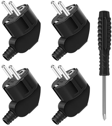 4 Stück Schuko Stecker Schutzkontakt-Stecker 250V 16A Europa-Stecker mit Knickschutztülle Stromstecker mit Zugentlastung Winkelstecker für 8-10mm Kabel Stecker IP20 für Den Innenbereich Schwarz