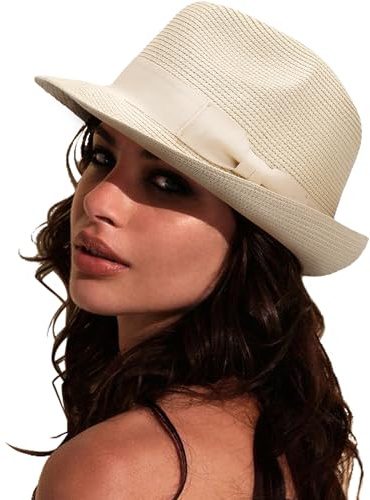 DRESHOW Femme Homme Chapeau de Paille Panama Chapeau Été Large Bord Chapeau de Soleil Anti-UV pour Plage Voyage Chapeau de Soleil