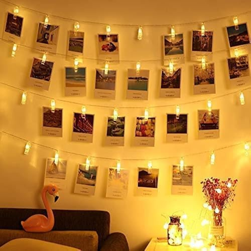 ALEGRE Fotoclips Ljusslinga med timer, 5 m, 50 LED, 30 klämmor och 10 x spikar, varmvit ljusslinga för foton, vardagsrum, jul, bröllop