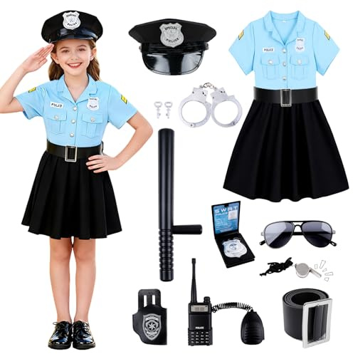 COSBERY Deguisement Police Enfant, Deguisement Halloween Garcon Fille Accessoire Costume Policier Chemise, Pantalon, Casquette, Ceinture, Talkie-Walkie, Sifflet, Menottes, Badge Police Pour Carnaval
