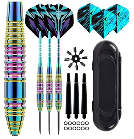 Lonwiner 3 st Dart med plastspets, galvaniserad kropp regnbåge professionell dart premium elektronisk darttavla med förvaringslåda (blå mönster)