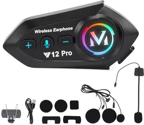 HISUEKIG 5.4 Motorcycle Helmet Speakers, Super Long Battery Life, Motorbike Helmet Bluetooth Headset with Soft/Hard Mic, IPX6 Automatic Answer, Intelligent Noise, RGB LED Light