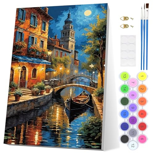 EOBROMD Venedig nattlandskap måla efter siffror för vuxna med ram, flodar måla efter siffror kit, akryl enkel målning efter siffror för present hem väggdekor (8x12in / 20 x 30 cm)