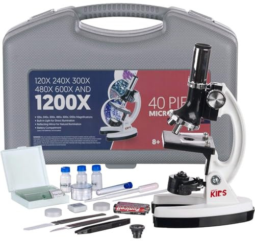 AmScope FBA_M30-ABS-KT1-W Biologisches Mikroskop-Set für Kinder mit 48-Teiliges Metallarm, 120X-240X-300X-480X-600X-1200X, Weiß, 33cm x 15.2cm x 22.9cm
