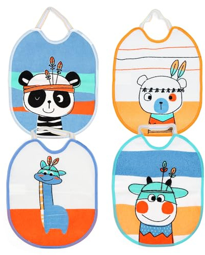 Ti TIN Pack 4 Baberos Impermeables para Bebés 73% Algodón 27% Fabricados en Poliéster con Forro Vinilo - 4 Baberos para bebés de 6 a 12 meses con Cierre de Gomas