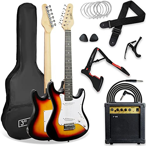 3rd Avenue XF 3/4 Size Electric Guitar Ultimate Kit with 10W Amp, Cable, Stand, Gig Bag, Strap, Spare Strings, Picks, Capo – Sunburst