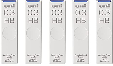 Uni Pencil Lead, The Uni Smudge-Proof Leads, 0.3mm HB, 25 Leads x 5 Pack
