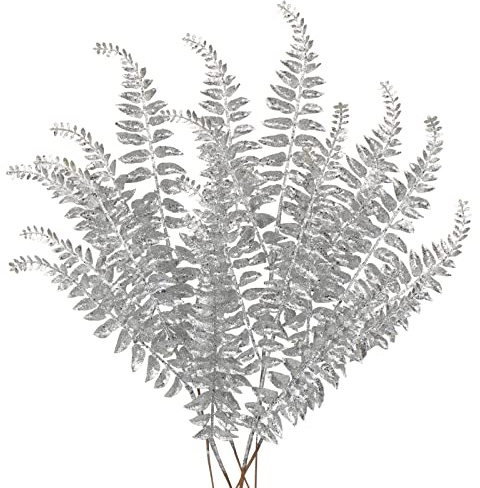Oairse 60CM 6er Set Kunstpflanze Kunstzweig Weihnachten deko Glitzer, Weihnachten Blätter für Weihnachtsbaum Neujahr Ornamente, Künstliche Farn für Feiertags-Esstischdekoration, Silber