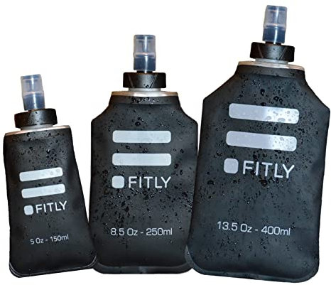 FITLY FLASKS Combo – 3 flasque souples pour hydratation pendant la course à pied, la randonnée, le cyclisme, l'escalade – Bouteilles d'eau pliables (5-95-150-250-400ml) – Noir