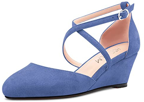HDEUOLM Femmes Mi Compensé Talon Fermé Rond Bout Sandales Lanières Cheville Lanières Croisées Boucle Escarpins Mariage Bureau 5 CM Heels Chaussures Bleu Suède 43 EU