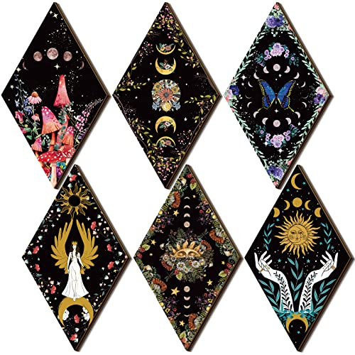 Qunclay 6 Pcs Witchy Gothic Wall Decor Rustic Boho Home Decor Sun Moon Mushroom Phases Wall Art Gothic Star Hanging Wooden Decoration Farmhouse Pediments for Bedroom Living Room Gallery(Moon Sun)