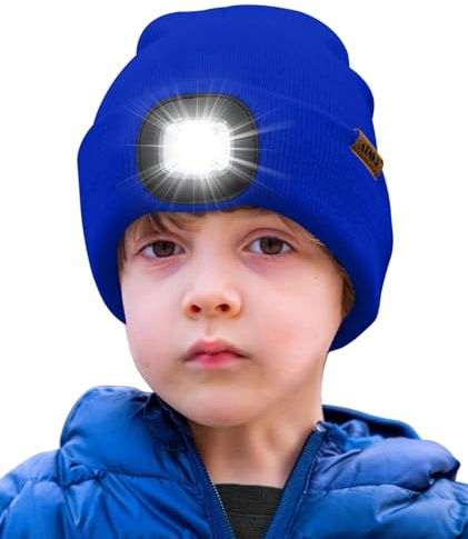 ATNKE Kids LED Lighted Beanie Hat,USB Rechargeable 4 LED Running Headlamp Ultra Bright Cap with Light Hands Free Head Torch Winter Warm Knit Beany Great Gifts for Boys and Girls/Blue